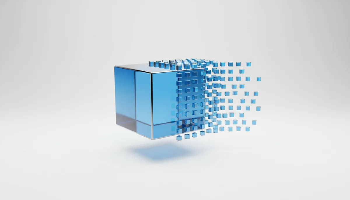A blue glass cube dissolving into an orderly grid of small glowing cubes
