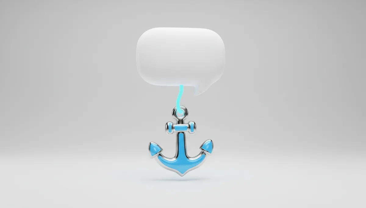 A chrome and blue anchor tethered by a glowing line to a floating white speech bubble