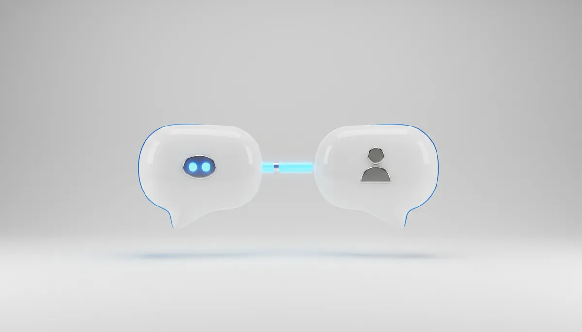 Two white speech bubbles passing a glowing blue baton of light between them