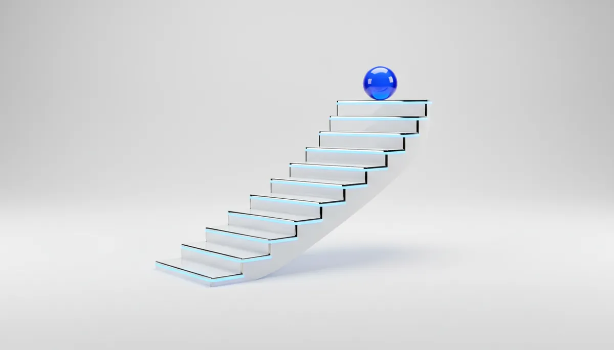 A white staircase of four ascending steps with blue edge lighting and a blue sphere on top