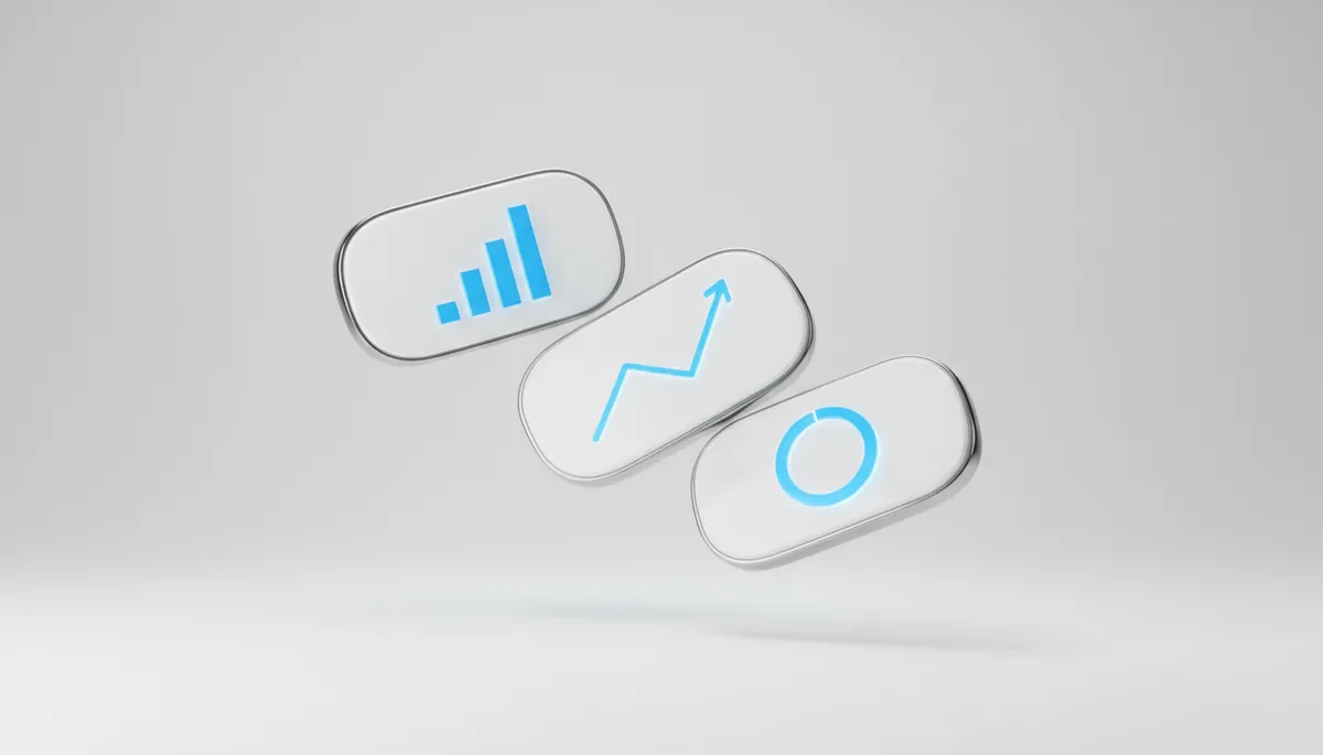 Three floating white dashboard tiles showing blue charts and a ring gauge